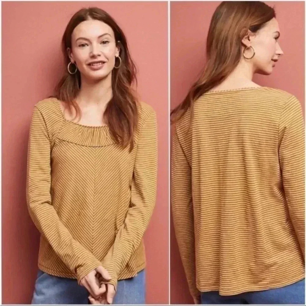 [S] Maeve - Anthropologie white & Mustard  Stripped LS Shirt